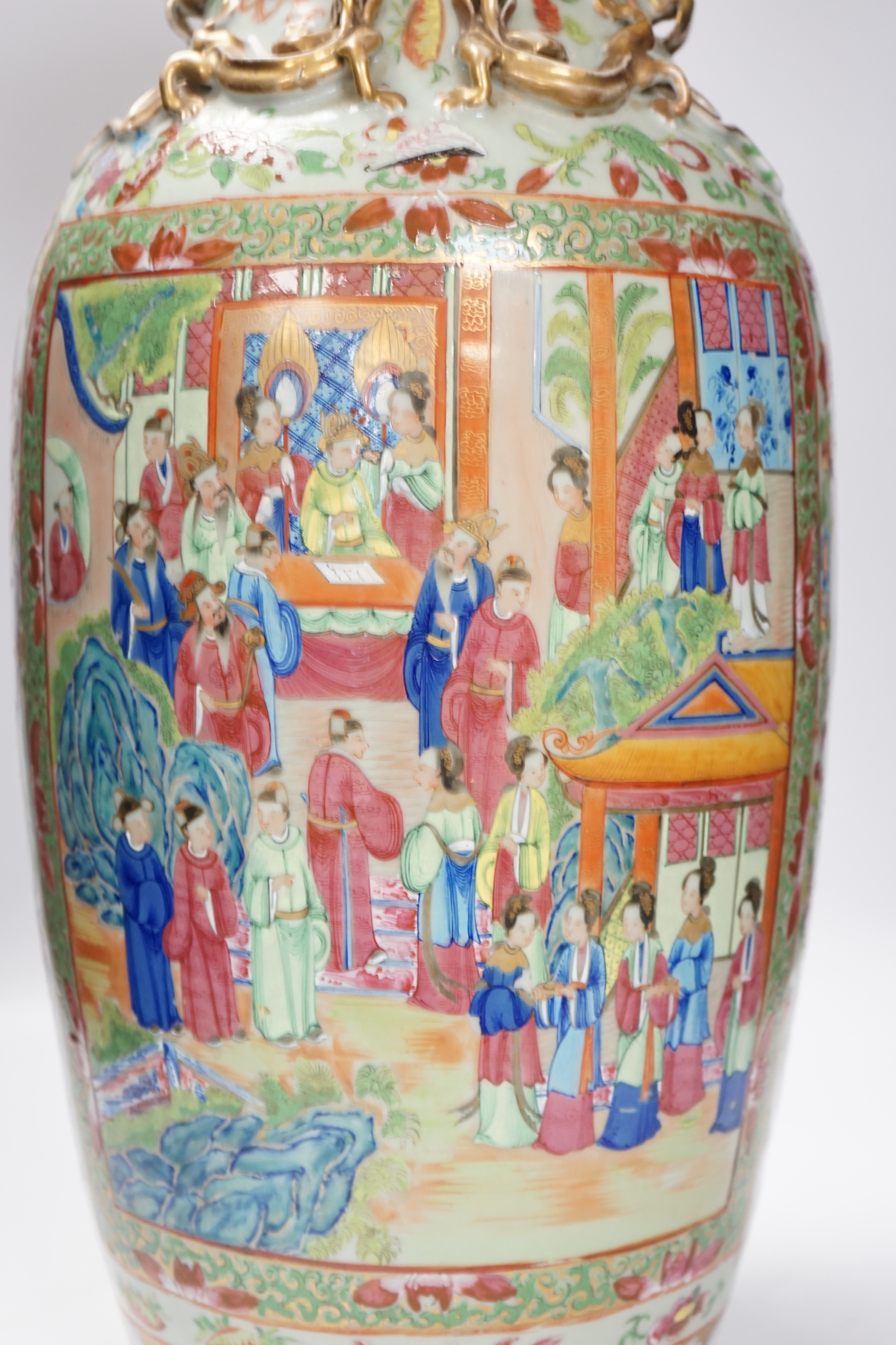 A large Chinese famille rose celadon ground vase, 19th century, 64cm high (a.f.)